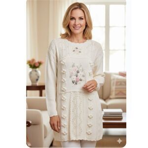 Shenanigans Sweater Vintage Cottagecore Floral Embroidered Pearls Ribbon Size L